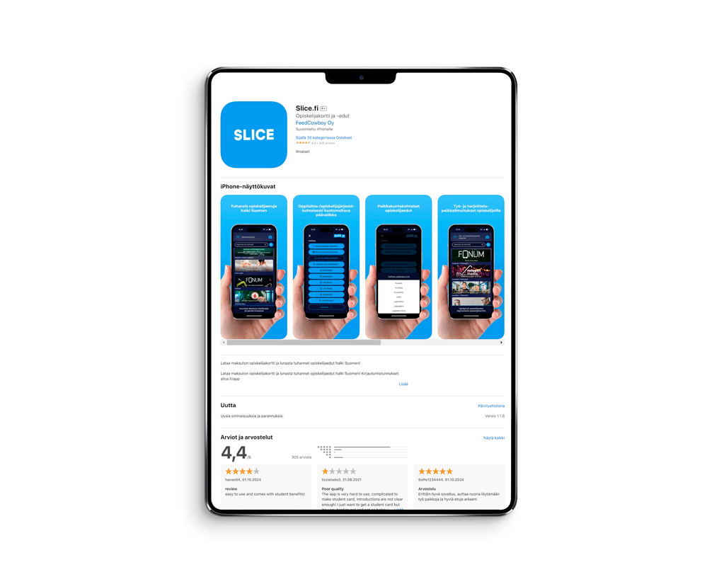 Slice.fi:n näkymä Applen sovelluskaupassa. Sovellusten graafinen suunnittelu
